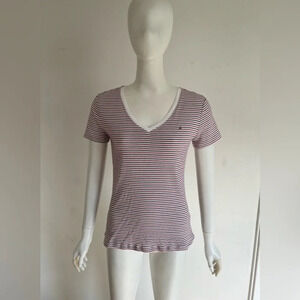 NWT Tommy Hilfiger Womens White Red Stripped 100% Cotton Basic T Shirt - Size S